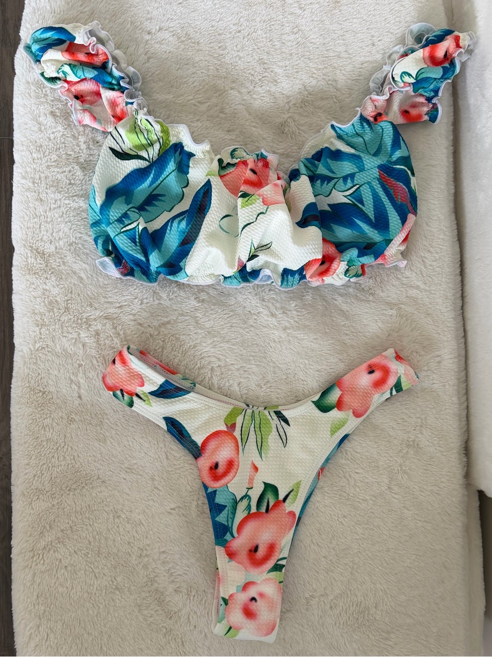 Floral Ruffled Bikini Set in White, Blue & Coral
